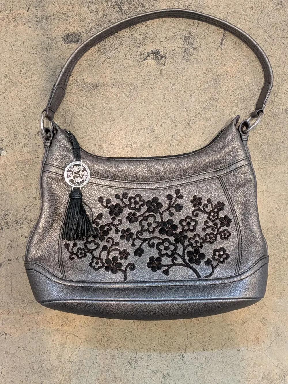 Brighton Handbag Embroidered Flowers Leather Metallic Pewter w/ Tassel Purse HTF